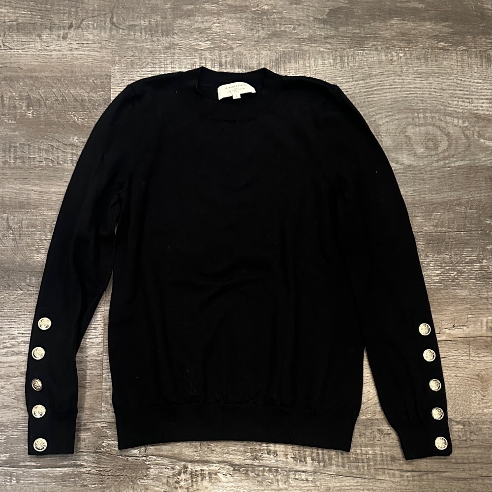 Sezane Paolo Black Crew Neck Sweater with Gold Button Detail‎ in Small